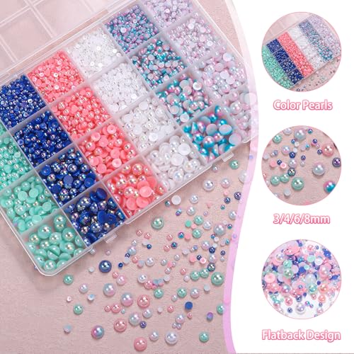 Image of 9000Pcs Flatback Pearls for Crafting, Blue Green Pink White Half Pearls Beads, 3-8mm Color Half Round ABS Flatback Pearl Beads Gems Bedazzling for Nails Art Crafts DIY Shoes Clothes