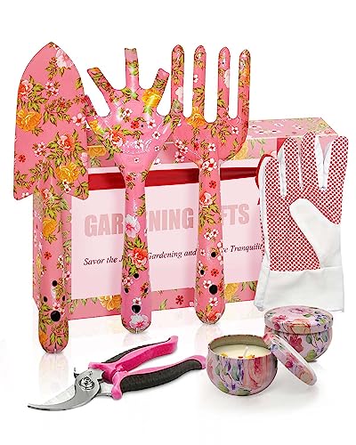 MOXTOYU Gartengeschenke für Frauen, Gartengeräte-Set, 7-teilig, Gartenset mit Blumendruck und schöner Geschenk-Box, Damen-Gartenset, Muttertags-Geburtstagsgeschenk-Set für Damen, Gärtner, Frauen, Mama
