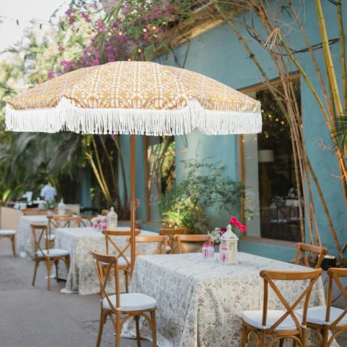 Image of AMMSUN 7ft Patio Umbrella with Fringe Outdoor Tassel Umbrella UPF50+ Premium Steel Pole and Ribs Push Button Tilt, Retro Bohemian