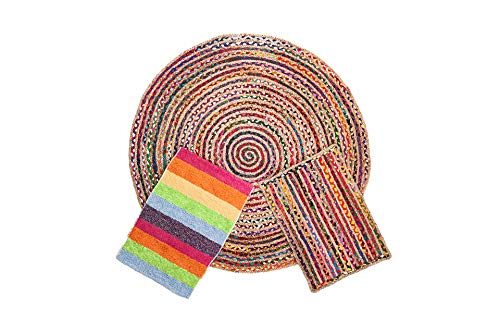 Alfombra Yute Multicolor Redonda (Ø 90 cm.) Pack alfombras de Yute Circular + Rectangular + Jarapa de la Alpujarra, Tejidas a Mano - Salón, Cocina, Dormitorio, Pasillo, jardín