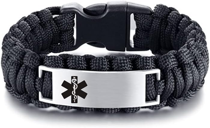 LF Stainless Steel Personalized ICE Medical Alert Outdoor Rope Paracord Survival Medic ID Bracelet Sos Emergency Cuff Bracelets for Adult Hiking Camping Hunting Activities,Free Engraving Customized
