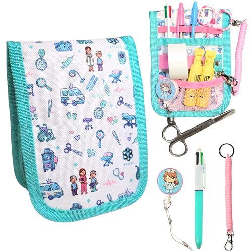 BASAMA ® Salvabolsillos Enfermeria +2 Porta Tijeras Enfermeria + Boligrafo de 4 Colores | Este Bolsillo Enfermera Organizador, es la Mejor Idea de Regalos para Enfermeras (Blanco Verde)