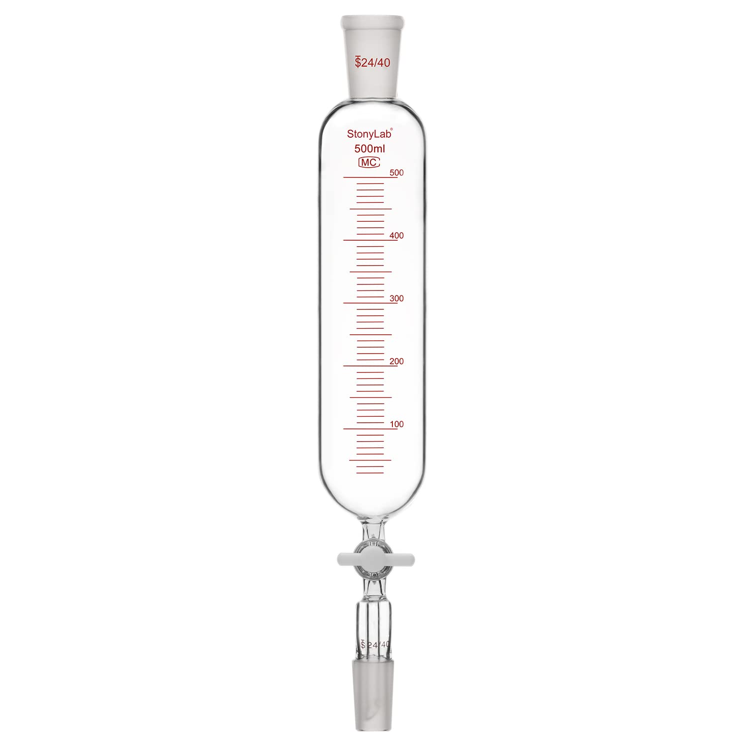 stonylab Addition Funnel, 24/40 Joint Borosilicate Glass Graduated Dropping Funnel with PTFE Stopcock for Laboratory Use, 500ml
