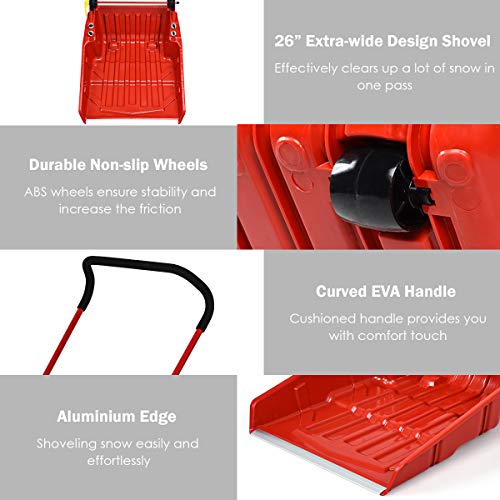 Goplus Snow Scoop, 26" X 24" Folding Snow Shovel, Sleigh Shovel With U-Handle & Wheels For Backyard Walkways Driveway, No Assembly Needed (Red) #TOP3