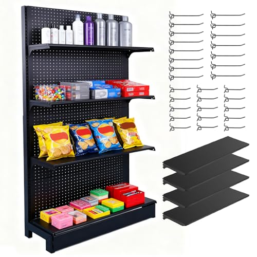 Noliven 77 * 36in Pegboard Display Stand, Gondola Retail Wall Display, Detachable Alloy Steel with 30 Hooks, Standing Peg Board Rack with 4 Single Side Panels for Grocery Stores & Tool Room, Black