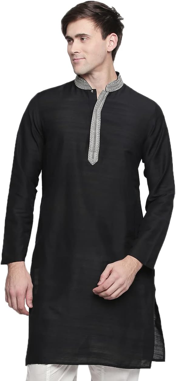 In-Sattva Men's Indian Embroidered Banded Collar and Placket Royal Kurta Tunic