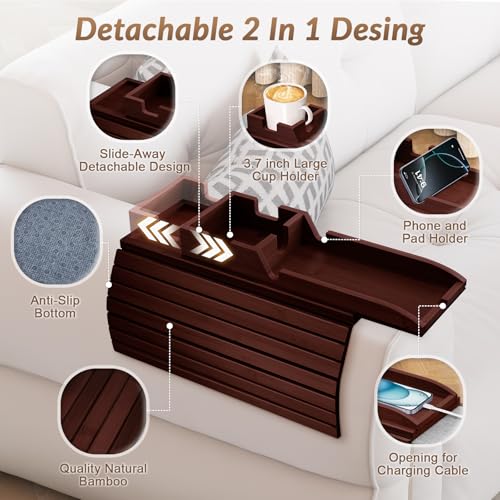 Image of FUNKYLEE Bamboo Couch Armrest Table, Couch Arm Tray with Removable Couch Cup Holder, 2 in 1 Design Foldable Anti-Slip Bamboo Sofa Arm Tray for Remote Controls, Phones, Cups and Snacks (Brown)
