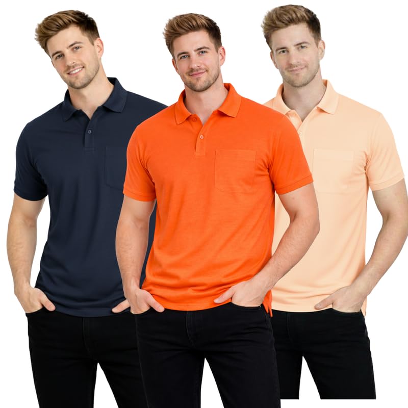 Image of SMAN Polo Neck T-Shirt Pack of 3 for Men & Boys | Half Sleeve Collar Tee with Pocket | Premium Spun Matty Fabric | Casual & Office Wear | Sizes M to 2XL | FX PO3 MCR ORN PCH