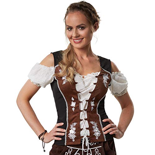 dressforfun 900631 Trachtenbluse mit Carmen Ausschnitt, Lederoptik Einsätze, Schnürung, Kurzarm, weiß braun schwarz - Diverse Größen - (XL | Nr. 303168)