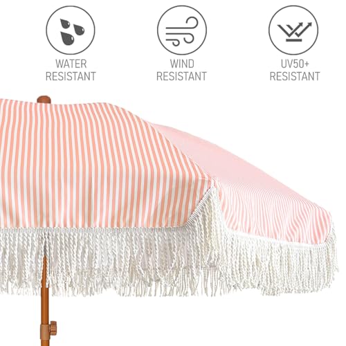 Image of AMMSUN 7ft Patio Umbrella with Fringe Outdoor Tassel Umbrella UPF50+ Premium Steel Pole and Ribs Push Button Tilt, Pink Stripe