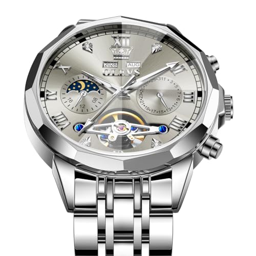 Image of OLEVS Automatic Watches for Men Business Dress Mechanical Watch Stainless Steel Waterproof Self Winding Classic Date Luxury Diamond Skeleton Men Wristwatch