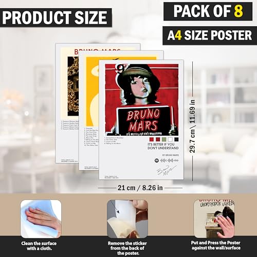Image of Flybuy Hub Bruno Mars Wall Posters 8x12 inch (A4 Size) Included Self Adhesive on Back Wall Decor Posters Wall Art For Bedroom, Living room, Office, Dining Room