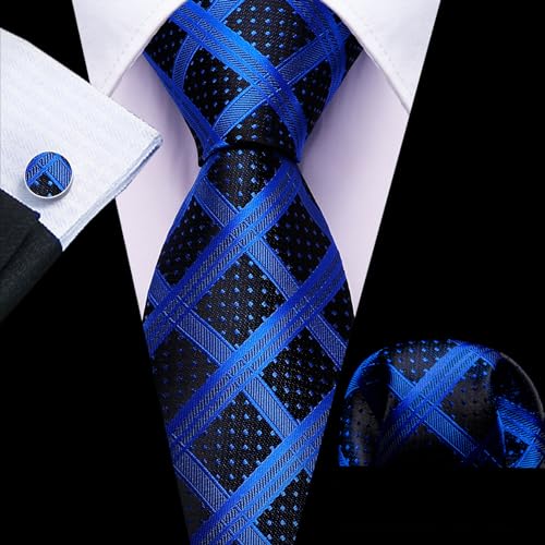 Image of Barry.Wang Plaid Ties Check Mens Necktie Set with Handkerchief Cufflinks Classic Stripe, B-royal Blue