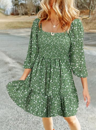 Image of Dokotoo Fall Dresses for Women 2025 Boho Floral Square Neck Smocked 3 /4 Sleeve Casual A-Line Swing Mini Dress Sundress
