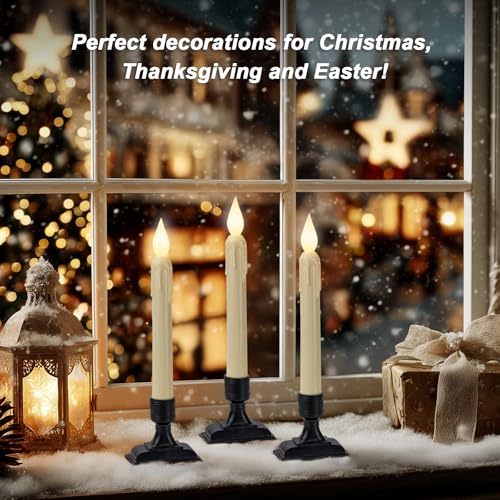 Image of 6 Pcs Sensor Dawn to Dusk Window Candles, Flickering Battery Candles for Windows, Ultra Bright Fake Candle Lights with Black Holders, Led Candlesticks for Xmas Home Decor, White Light