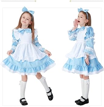 Formemory Alice in Wonderland Cosplay Costume, Alice Dress, Maid Outfit with Apron, Childrens Dress, Halloween, Event School Festival Performance Costume, 90-140