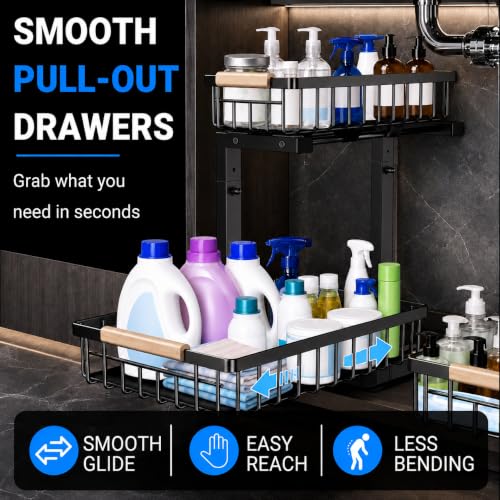 Image of Under Sink Organizer 2 Pack, Double Slide Out Metal Shelf, Black