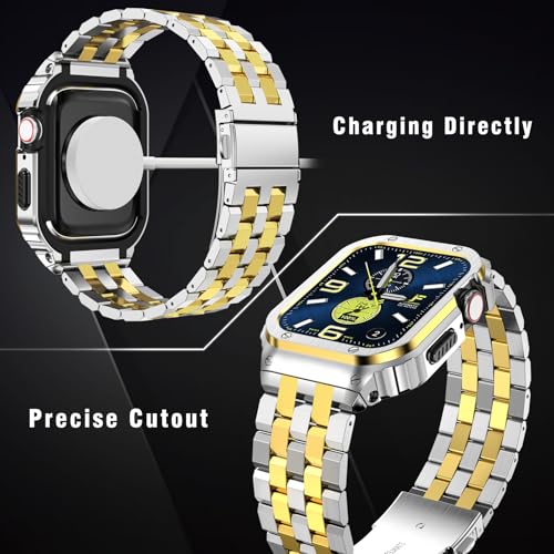 Image of SUPLINK Stainless Steel Bands with Case Compatible with Apple Watch 10 Band /Apple Watch 11 Band 46mm, Metal Rugged Protective Bumper for iWatch Band Men, Silver and Gold