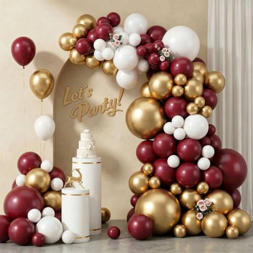 103pcs Burgundy Gold & White Balloon Garland Kit 18/12/10/5 Inch Maroon & Metallic Gold Balloons for Anniversary 2026 Graduation Wedding Wine Tasting Party Decorations