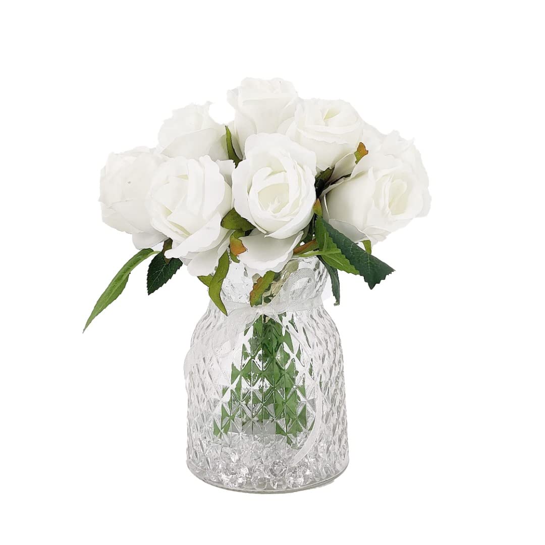 AngraveHome White Bud Rose Artificial Flower Arrangement In Pretty Textured Glass Vase (21cm) Home Decoration
