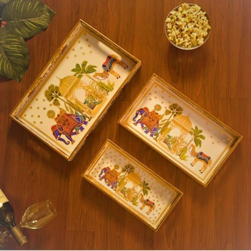 Image of Wooden Serving Tray with Gold Engraving | Set of 3 | Size : 16 x 10 inch, 14 x 8 inch & 12 x 6 inch | Enamel Coated Waterproof | Rectangular | Decorative Trays | Royal Camel and Elephant Set