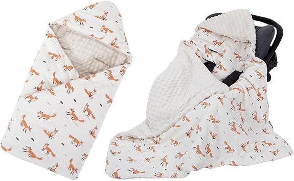 HOUSBAY Baby Blanket Newborn with Hooded Windproof Warm Portable Swaddle Wrap for Basket Safety Seats, Beige, 35.5x35.5, Minky Dot and 100% Cotton Fox Printed