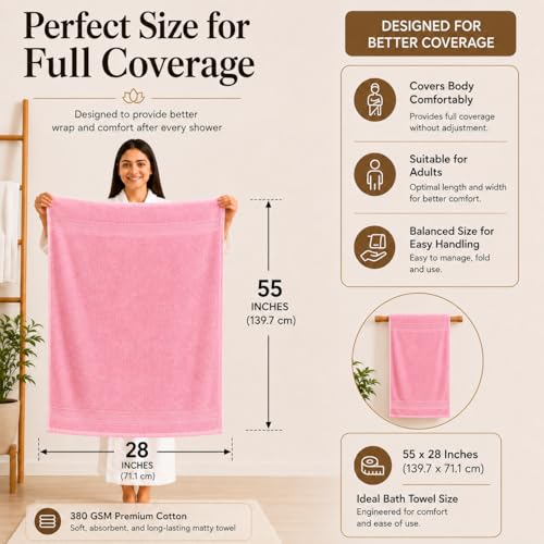 Image of 100% Pure Cotton Bath Towel for Men & Women | 380 GSM Ultra Soft, Highly Absorbent & Quick Dry Bath Towel | Large 55 x 28 Inch Matty Terry Towel for Bathroom, Gym, Travel & Daily Use | Baby Pink