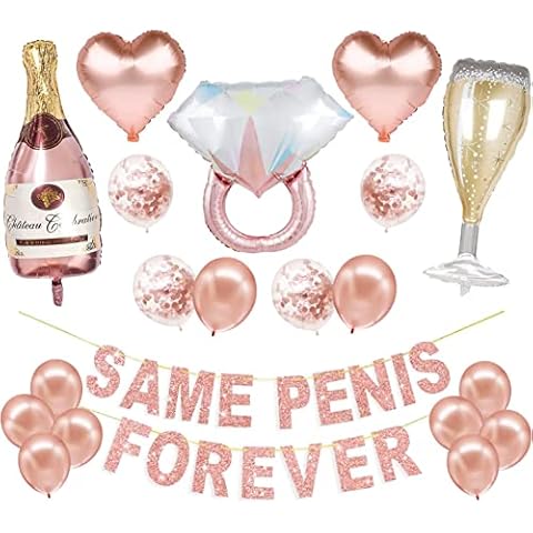 ShiningShe Rose Gold Hen Party Balloons Decoration, Same Penis Forever Banner, 14 Latex Balloons, Heart Champagne Glass Foil Balloons, for Bridal Shower Wedding Party Decoration Cover