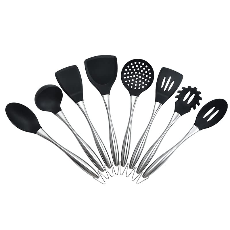 Ustensiles de cuisine 8 pièces en silicone antiadhésif et acier inoxydable pour la cuisson