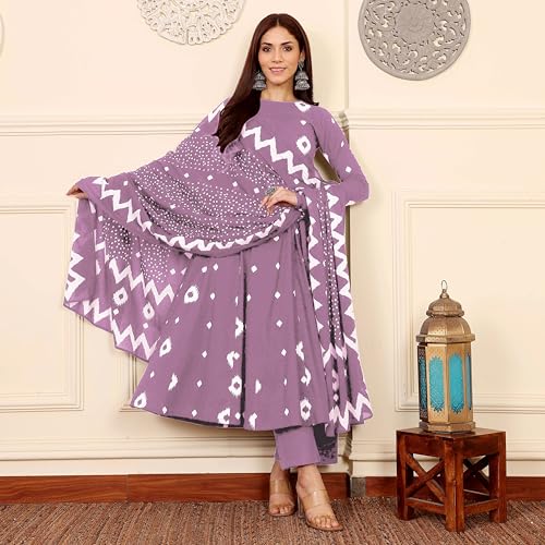 Image of ANNI Designer | Rayon Anarkali Printed Kurta with Pant & Dupatta | Cotton Kurta Set for Women | Stylish Co-Ord Set with Dupatta Ethnic Dress for Women