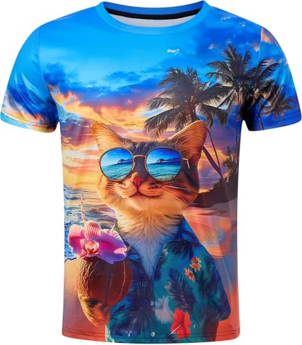 RAISEVERN Mens T-Shirts Funny Cat Shirts Cool Hawaiian...