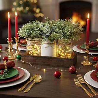 Mkono Mason Jar Lights Table Centerpiece for Dining Room Fake Eucalyptus Plants Christmas Table Decor for Kitchen Coffee Table Living Room Bathroom