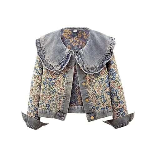 Women's Peter Pan Collar Denim Jacket - Ruffles Long Sleeve Coat with Floral Embroidery, Casual Button Down Outerwear