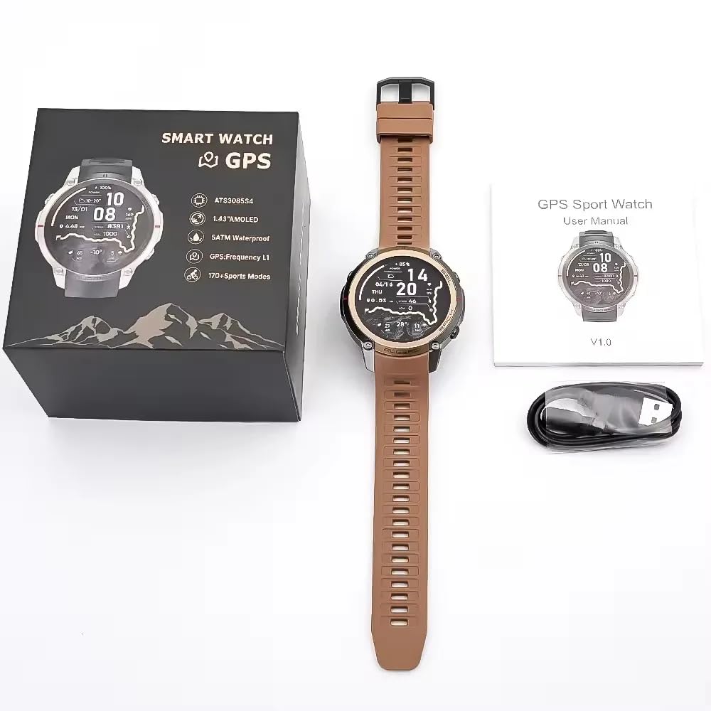 Reloj inteligente GPS con mapas fuera de línea, brújula, altímetro, tiempo – Reloj con pantalla AMOLED de 1,43 pulgadas, impermeable 50 m, monitor de corazón/oxígeno/presión, correa de gel de