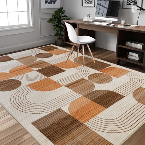 Tapete decorativo naranja geométrico lavable 5x7 pies miniatura 5