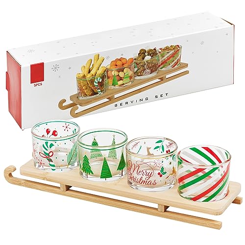 URBNLIVING Set of 4 Glass Appetizer Condiment Dishes Xmas Designed Decorative Snacks Nibbles Bowls Set in Festive Christmas Wooden Sledge