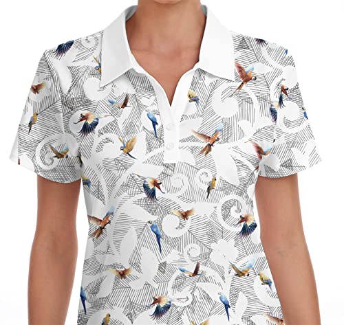 Igeekwell Womens Golf Polo Wrinkle Resistant Moisture Wicking V Neck Collared Shirts Short Sleeve Tops Bird Pattern L #TOP3