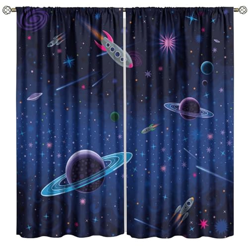 FengMingRui Kids Outer Space Blackout Curtains Cartoon Rocket Star Art Printed Window Treatment for Kids Boys Bedroom Living Room Decor Window Drapes 63