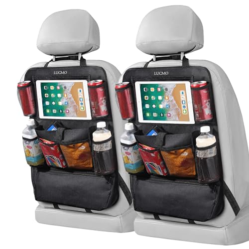 Image of LUCMO Car Backseat Organizer with Touch Screen Tablet Holder-2 Pcs,9 Storage Pockets Car Storage Organizer, Protectors Kick Mats Travel Accessories for Kids-Black