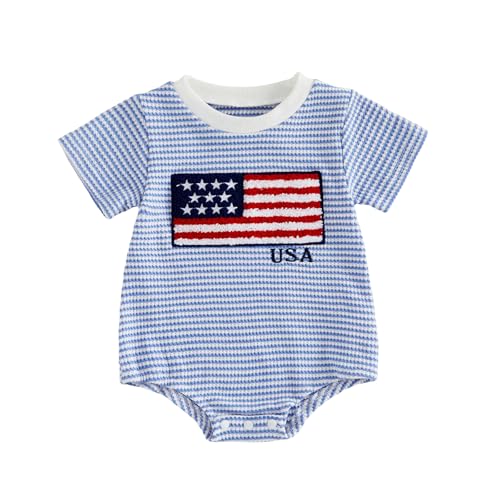 Karuedoo Newborn Baby Boy Girl 4th of July Outfit American Flag Embroidery Striped Waffle Short Sleeve Bubble Romper Bodysuit (A-Blue, 12-18 Months)