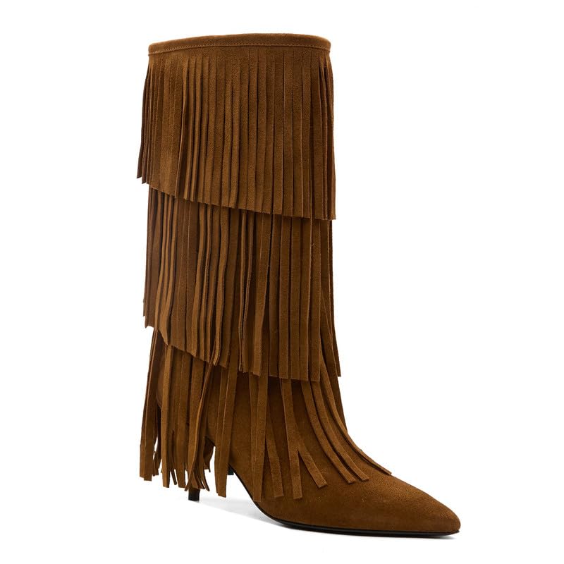 MAVMAX Fringe Knee High Boots Suede Cowgirl Tassel Kitten Heel Boots Mid Calf Western Pointed Toe Boot for