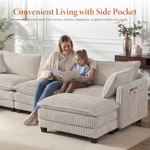 Image of Vesgantti 109 inch U Shaped Cloud Sectional Sofa, Comfy Corduroy Upholstered Sectional Modular Sofas for Living Room, Modern Modular Couch with 2 Ottoman Deep Seat, Beige