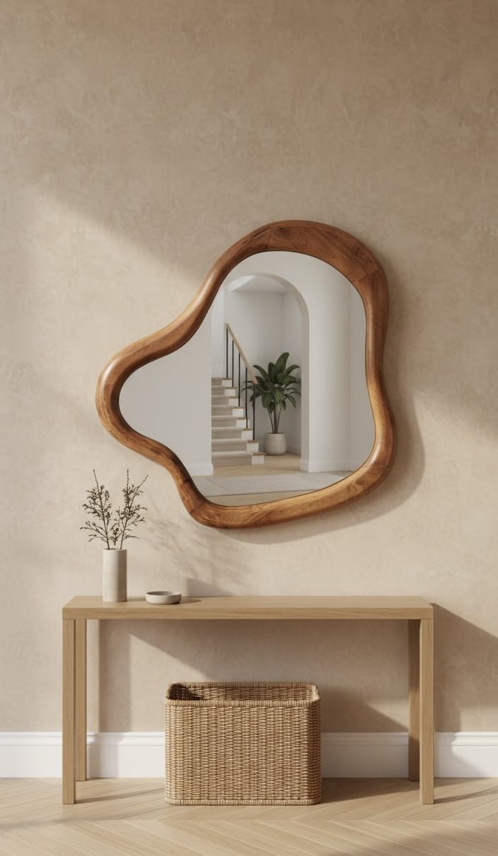Organic Wooden Wall Mirror with Natural Frame, Modern Abstract Curved Design, Decorative Living Room Accent || 30x30 Inches || Without Mirror || Asymmetrical Mirror ||-image-31