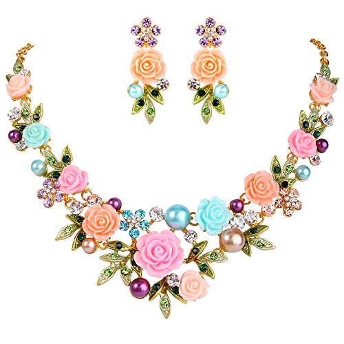 EVER FAITH Crystal Simulated Pearl Multicolor Rose Flower Leaf Bridal Necklace Pierced Earrings Set Gold-Tone