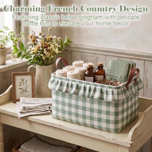 Image of Boao 1 Pcs Sage Green Ruffled Gingham Canvas Basket, Rectangular Organizing Decorative Storage Basket with Handle, Cute Farmhouse Home Decor for Nursery Room Bathroom Living Room