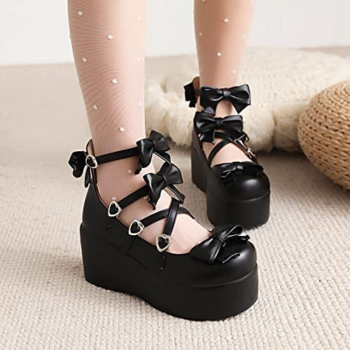 Elbslutt Womens Goth Mary Jane Shoes Platform Kawaii Cosplay Girls Lolita Shoes Round Toe Buckle Cross-Tied Strap Chunky Wedge Heel Bow Y2k Ankle Strap Dress Pumps Oxfords Shoes4