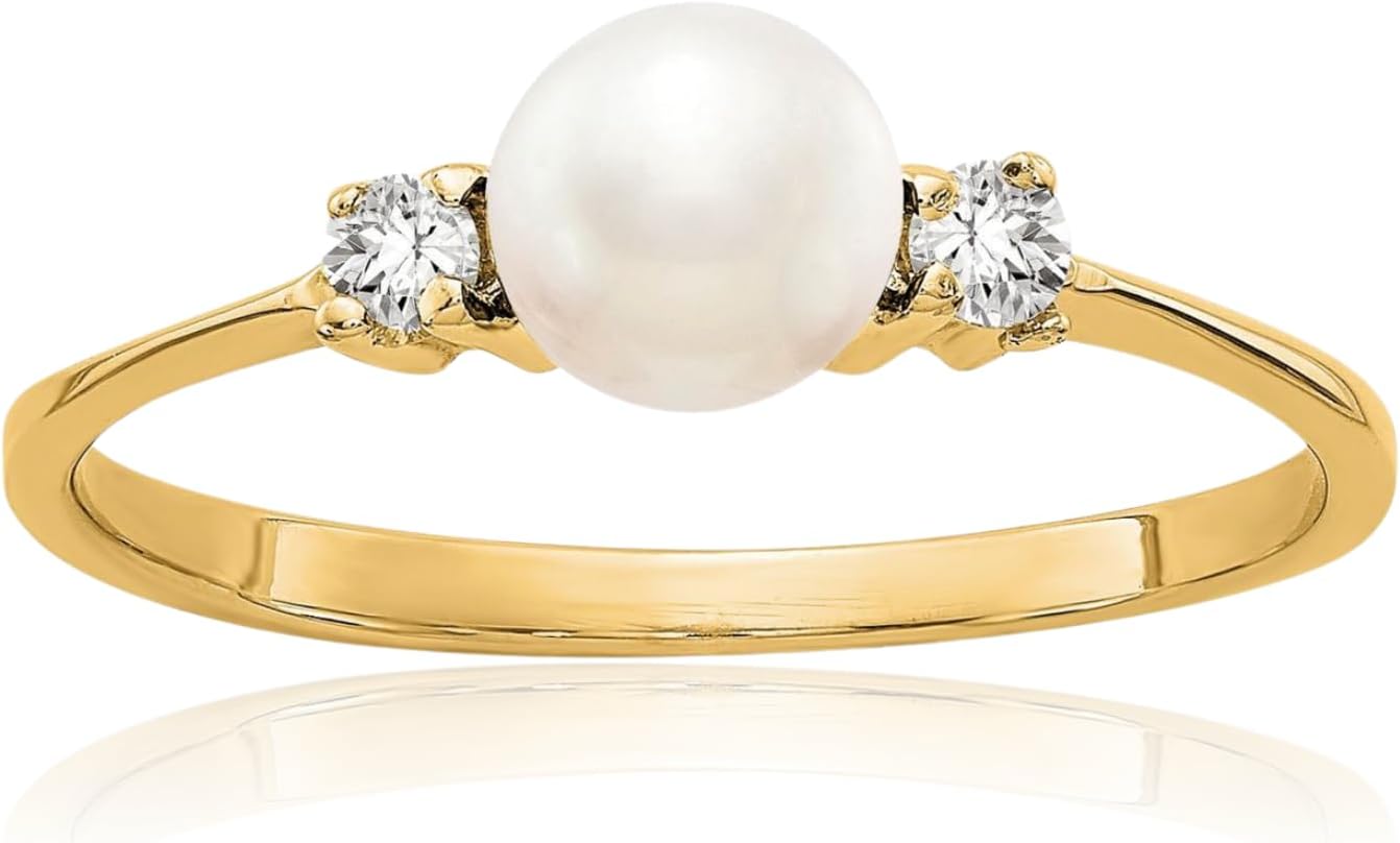 IceCarats 14K Solid Yellow Gold Freshwater Pearl Diamond Three Stone Solitaire Ring 5mm Slim Band Prong Set
