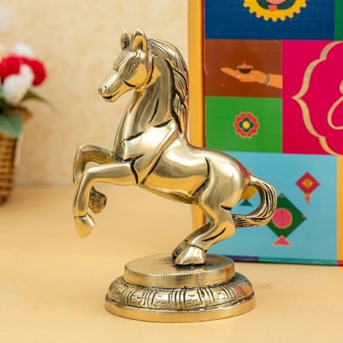 Image of Ekhasa 100% Pure Brass Running Horse Showpiece with Gift Box | Pital Murti Animal Figurine for Home Decor Living Room Office Table | Vastu Good Luck Housewarming Grah Pravesh Wedding Gift
