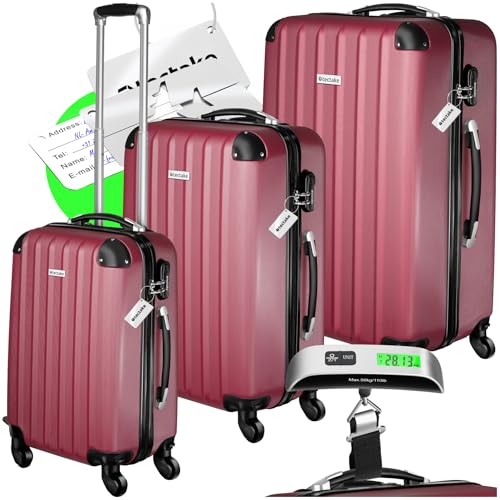 TecTake® Juego de Maletas de Viaje Rígidas, ABS, Maleta Mediana, Maleta Grande, Maleta de Cabina, Equipaje de Mano, Bascula Maletas Viaje, Cerradura Combinación, Resistente a Golpes - Burdeos