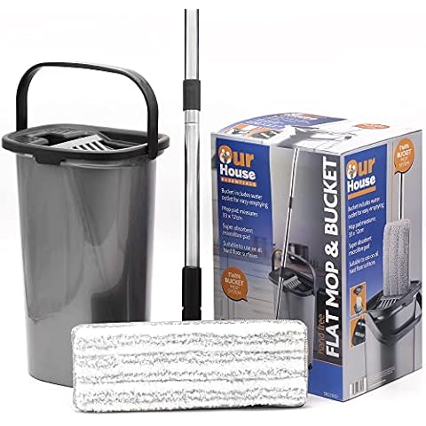 OurHouse Essentials Flat Mop and Bucket Set, Super Absorbent Microfibre Mop, Removes Dirt Easily, Compartments for Dirty & Clean Water, Tiled Wood Laminate Vinyl Floors, Dual Wringer & Easy Drain Plug Cover